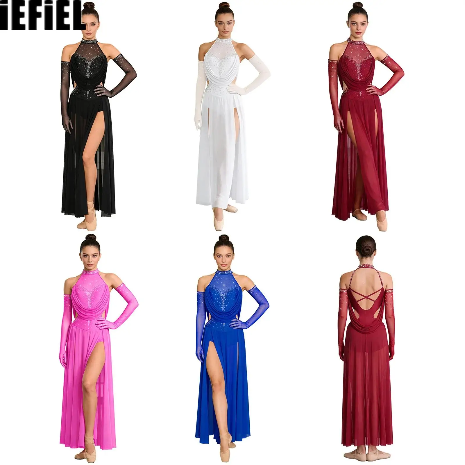

Women Lyrical Dance Dress Sets Halter Sleeveless Sparkly Rhinestones Backless Maxi Dress Crotch Press Buttons Briefs with Gloves