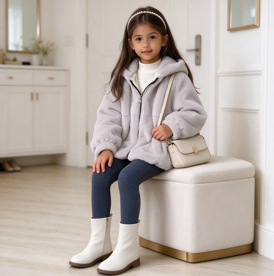 Children Faux Rabbit Fur Coats Solid Fur Jackets Hooded Zipper Long Sleeves 2026 Autumn Winter Flowy Hem Thick Loose Fit Casual 3
