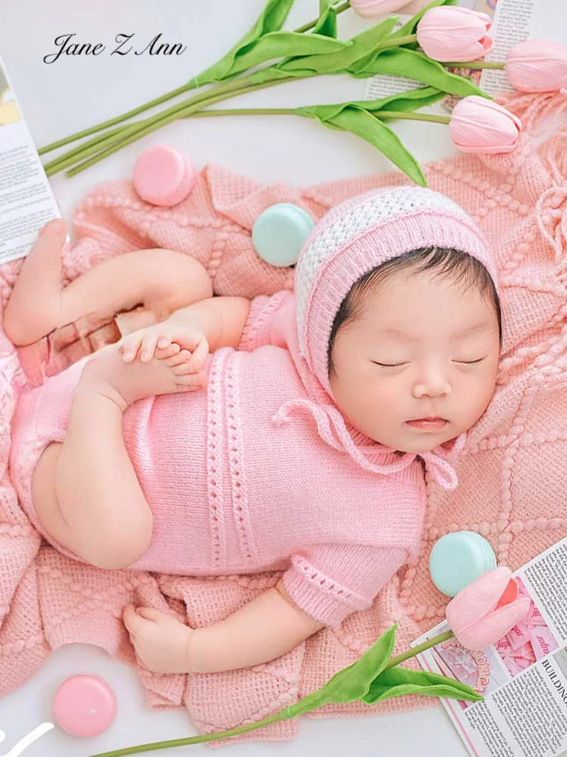 Baby boy girl twins 2 colors pink green outfits knitted hat+clothes Small Fresh Theme Photography Studio Newborn  Photos