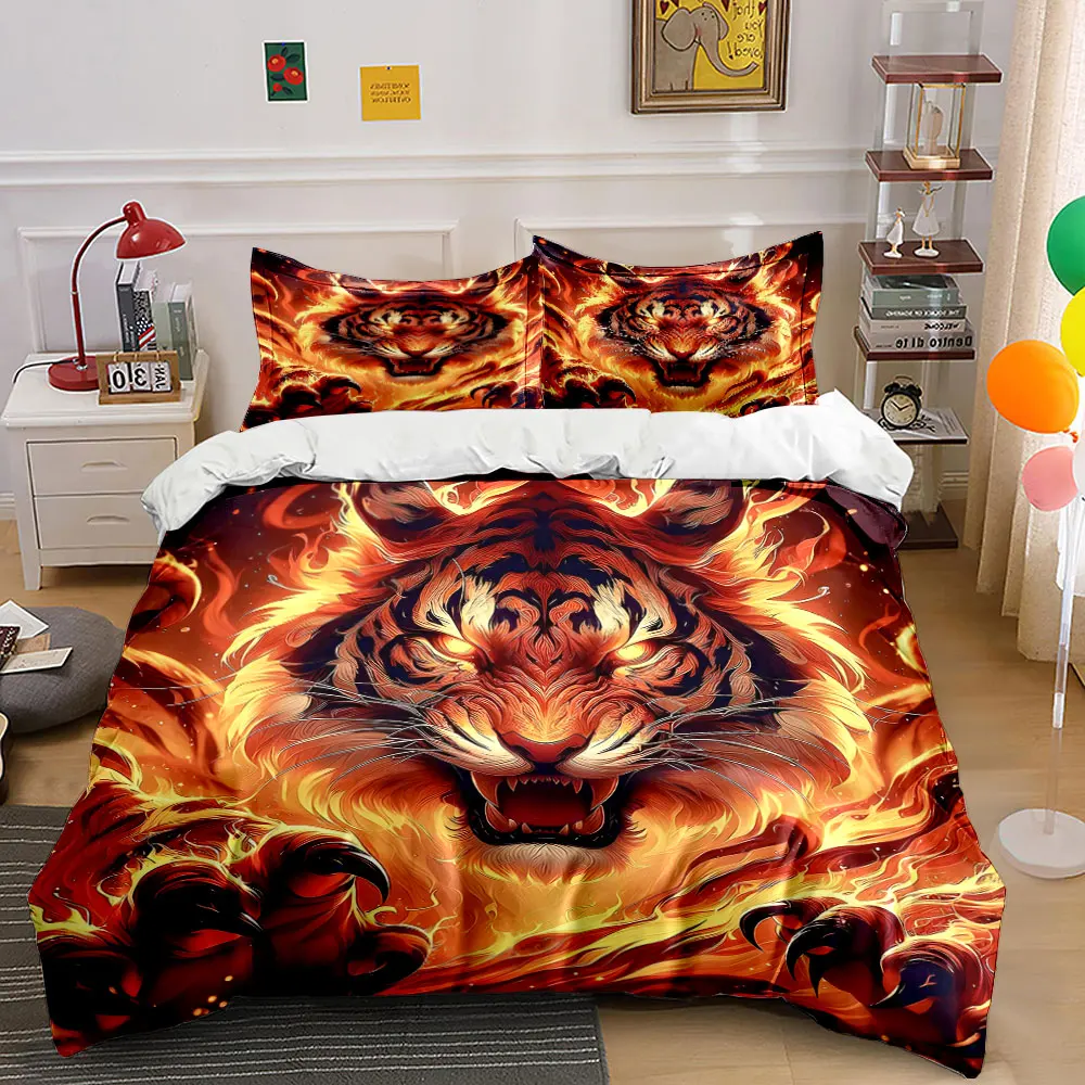 Flaming tiger roaring fiercely Print Soft Comfortable Duvet Cover Bedding Set Included 1*Duvet Cover  2*Pillowcases