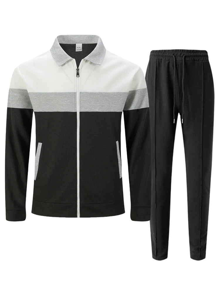 Stylish Men's Contrast Color Patchwork Sets Autumn Outdoor Fashion Jacket Coat And Pants Tracksuits Mens Casual Two Pieces Suits