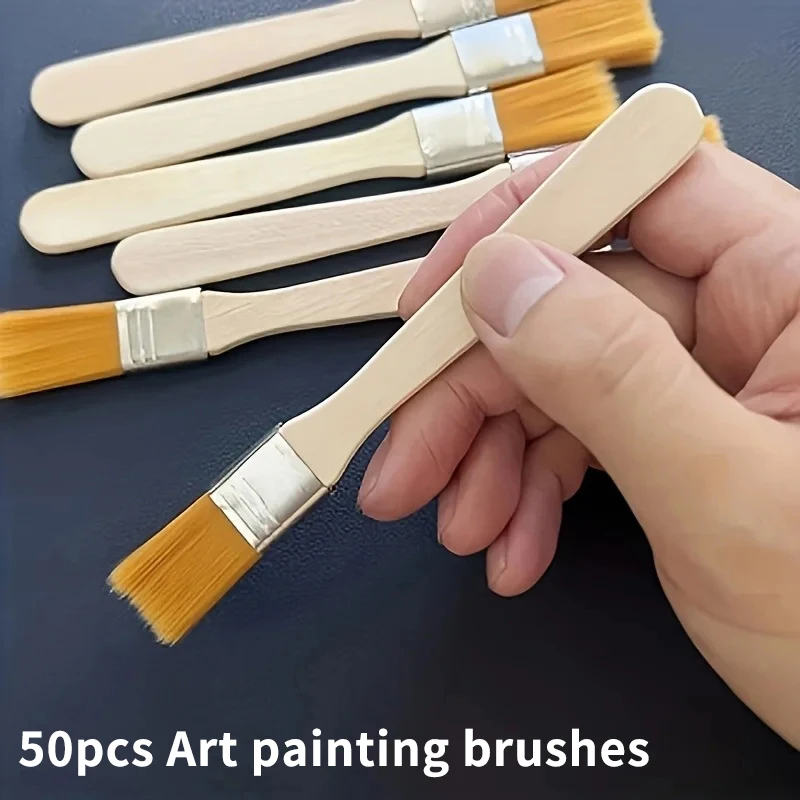 50pcs-nylon Brushes, Short Wooden Handle Art Paint Brushes, Watercolor Brushes, Wall Brushes, Art Brushes, Cleaning Tools