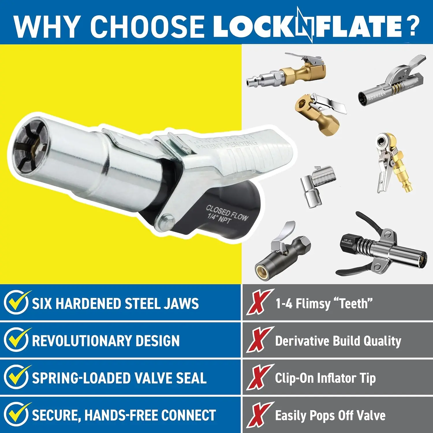 ظرف الإطارات عالي التحمل مع 6 فكي فولاذي، يقفل بشكل آمن على أي صمام، يقدر 150 رطل لكل بوصة مربعة للتضخم الخالي من التسرب