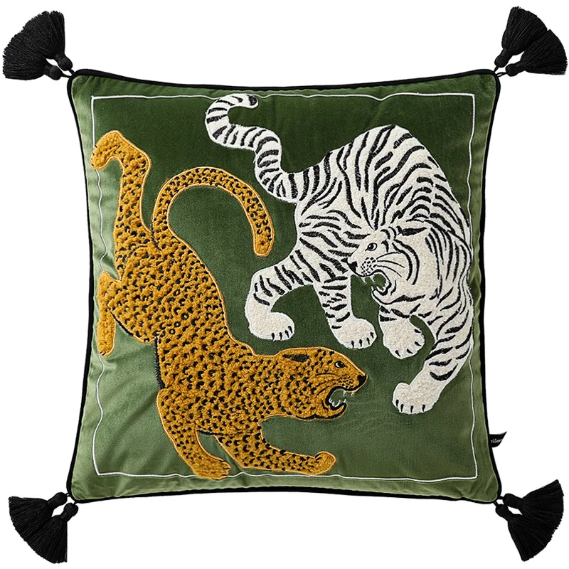 Tiger Leopard Embroidery Cushion Cover With Cute Tassel Light Luxury Velvet Pillocase Shell 45cm Square Cozy Lumbar for Couch