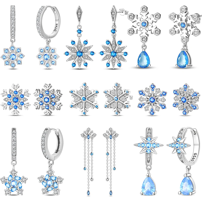 Ohrringe aus 925er-Sterlingsilber, Winter-Schneeflocken-Ohrstecker, blau, glänzend, Zirkon-Ohrringe für Frauen, exquisiter Verlobungsschmuck
