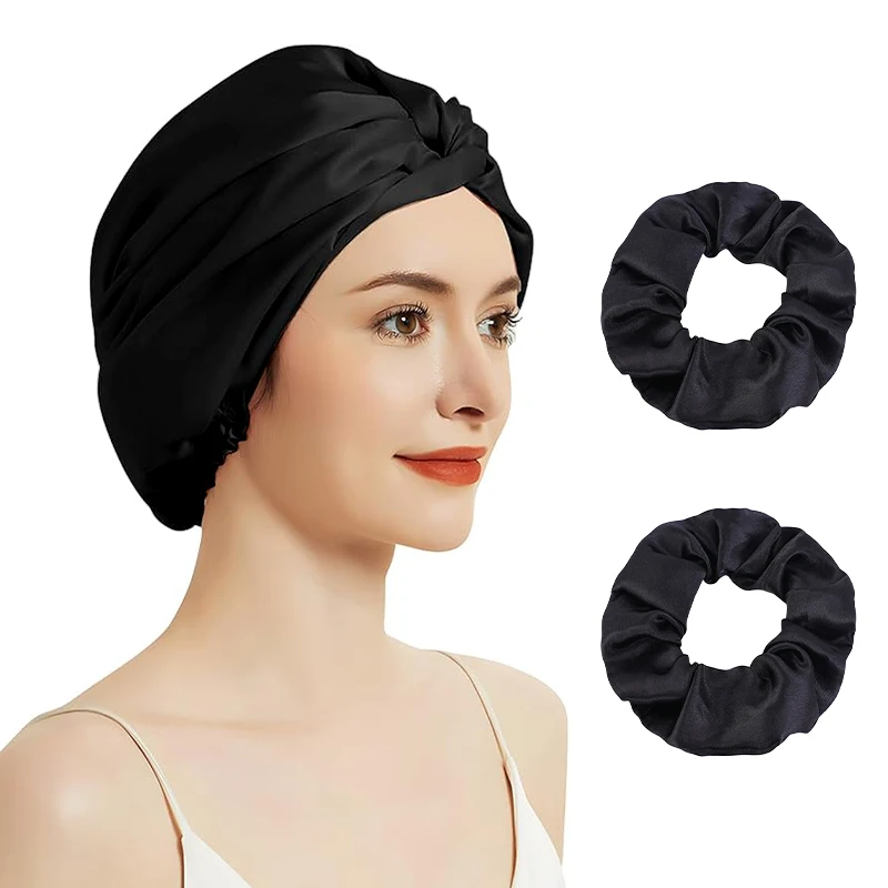 3PCS/LOT Women Forehead Cross Silkly Turban Cap Double Layer Satin Bonnet Night Hat Satin Scrunchies Elastic Hair Band Ponytail