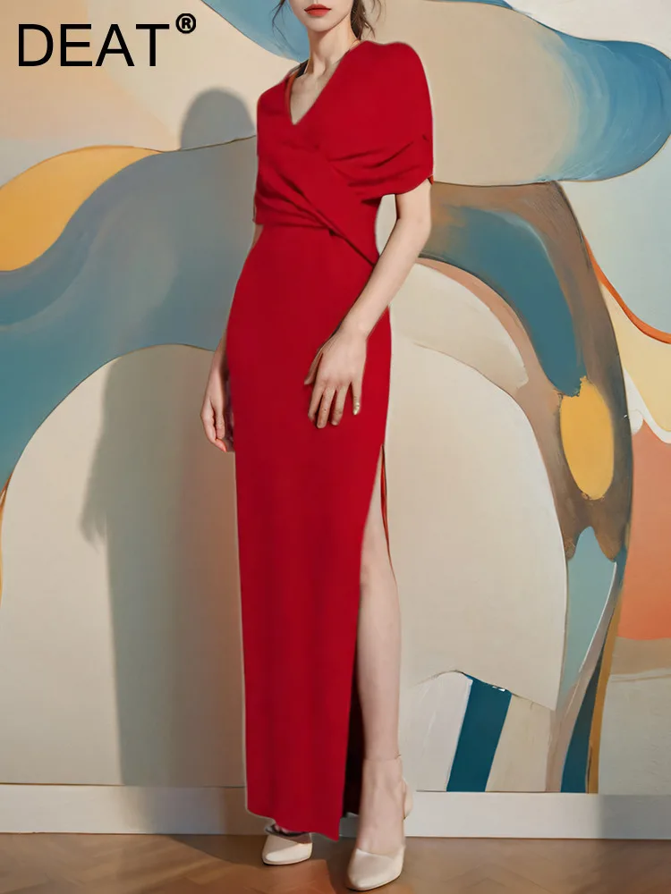 

DEAT женское элегантное платье без рукавов с v-образным вырезом и разрезом на молнии, однотонное вечернее женское платье средней длины, новинка 2024, 13DB4824