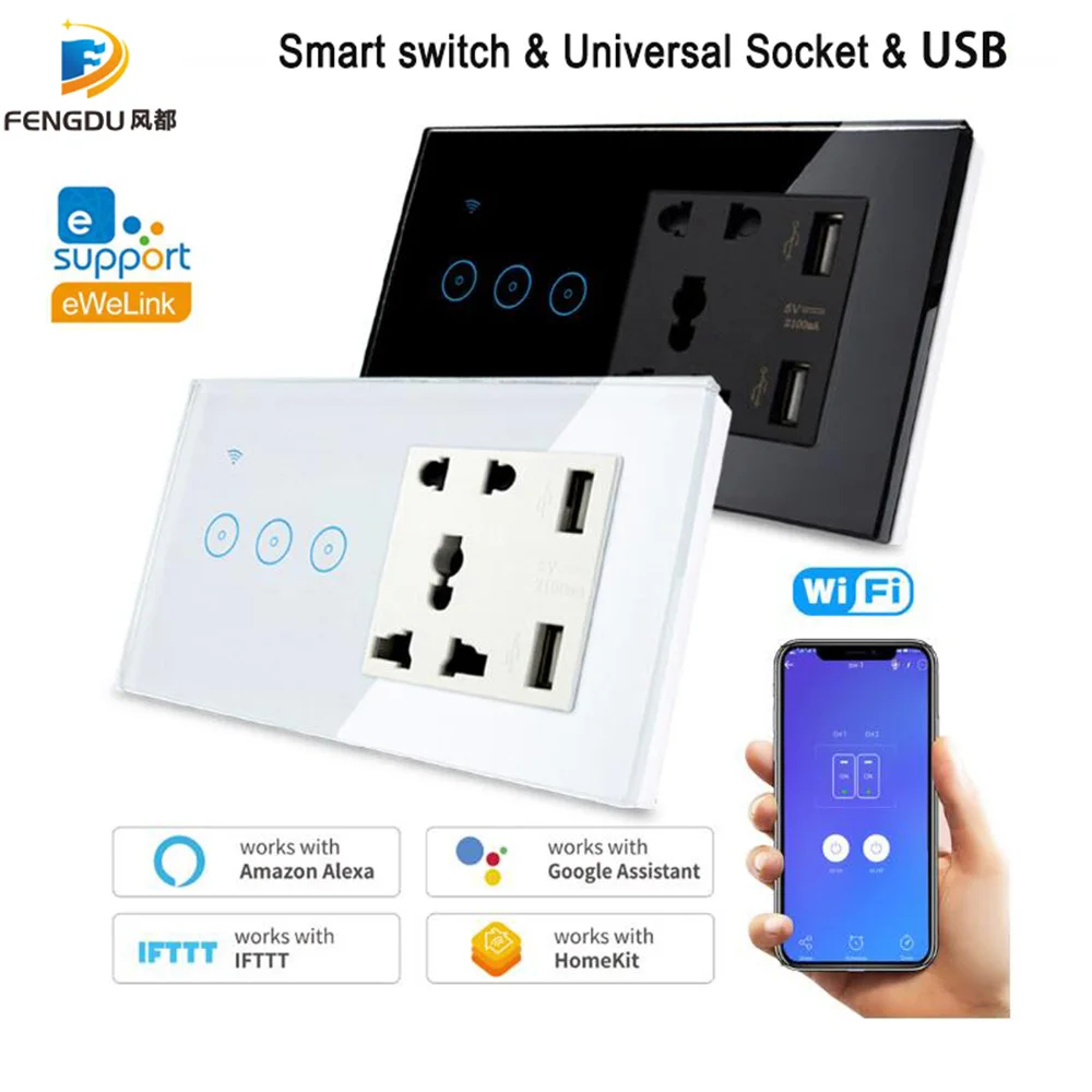 

WiFi Wall Touch Switch EWelink APP 5 Holes With USB Smart Switch WiFi Touch Remote Switch Light Google Home