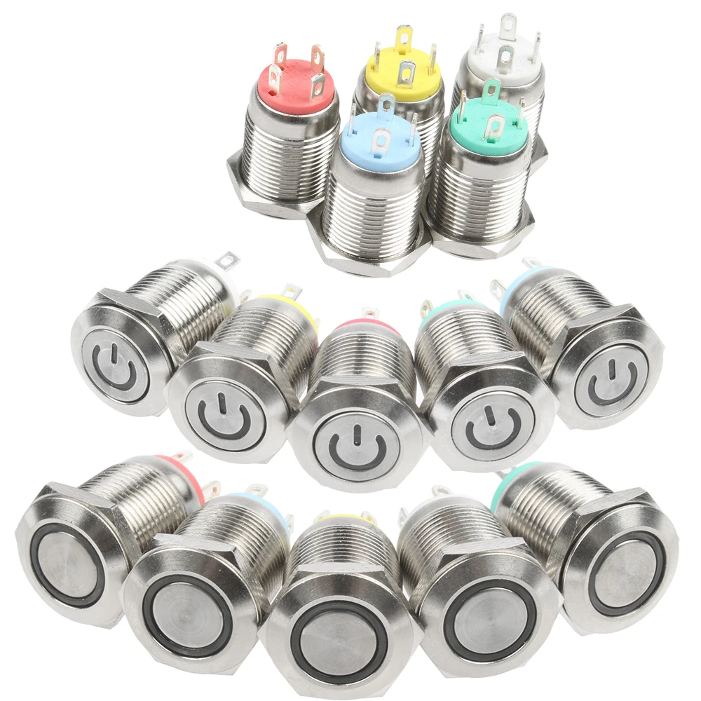 4 Pin 12mm LED Light 3V 5V 6V12V 24V 220V Metal push button Switches Momentary auto reset waterproof Ring Flat power mark Short