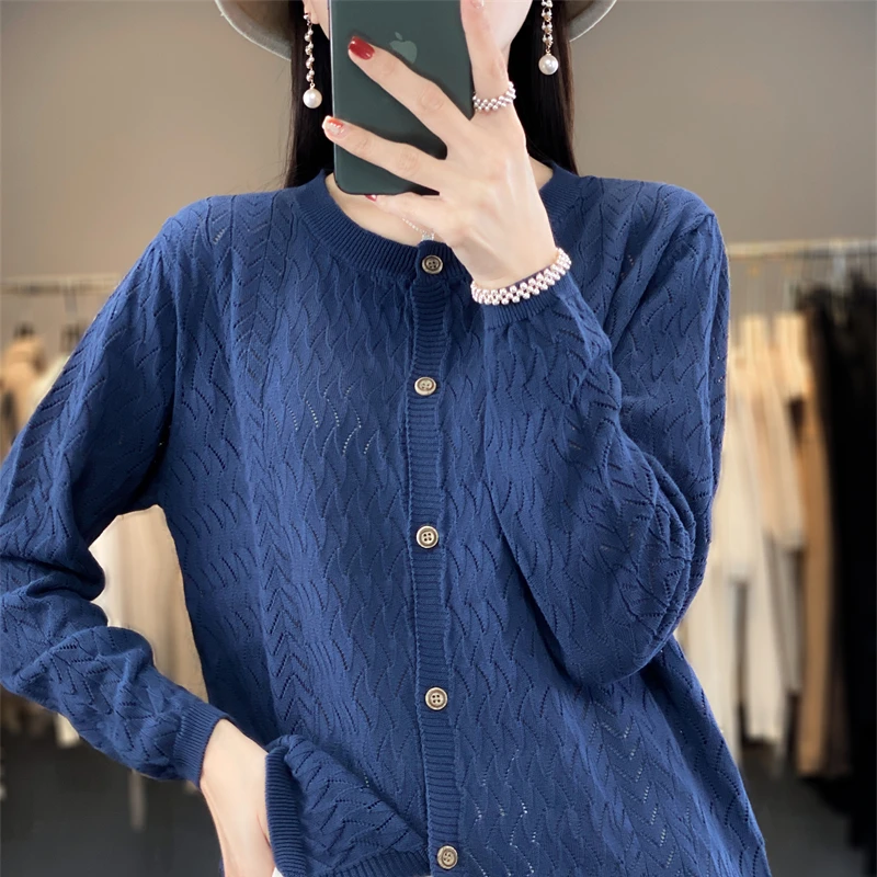 2023 Spring Autumn New 100% Cotton Round Neck Cardigan Women\'s Sun Protection Shirt Hollow Loose Knitted Top Long Sleeve Coat