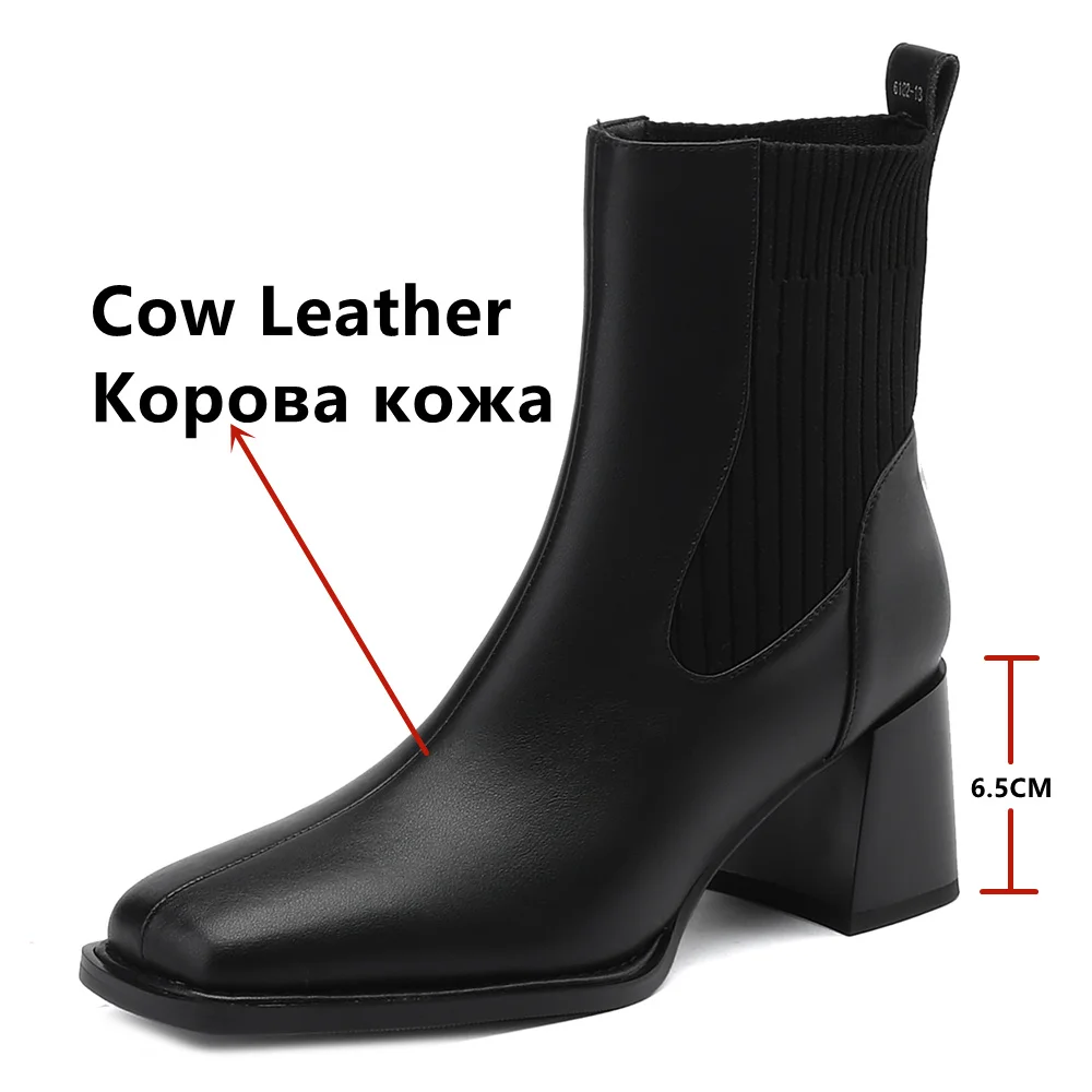 FEDONAS 2024 Grube wysokie obcasy Damskie botki Jesień Zima Splicing Genuine Leather Shoes Woman Square Toe Basic Office Lady