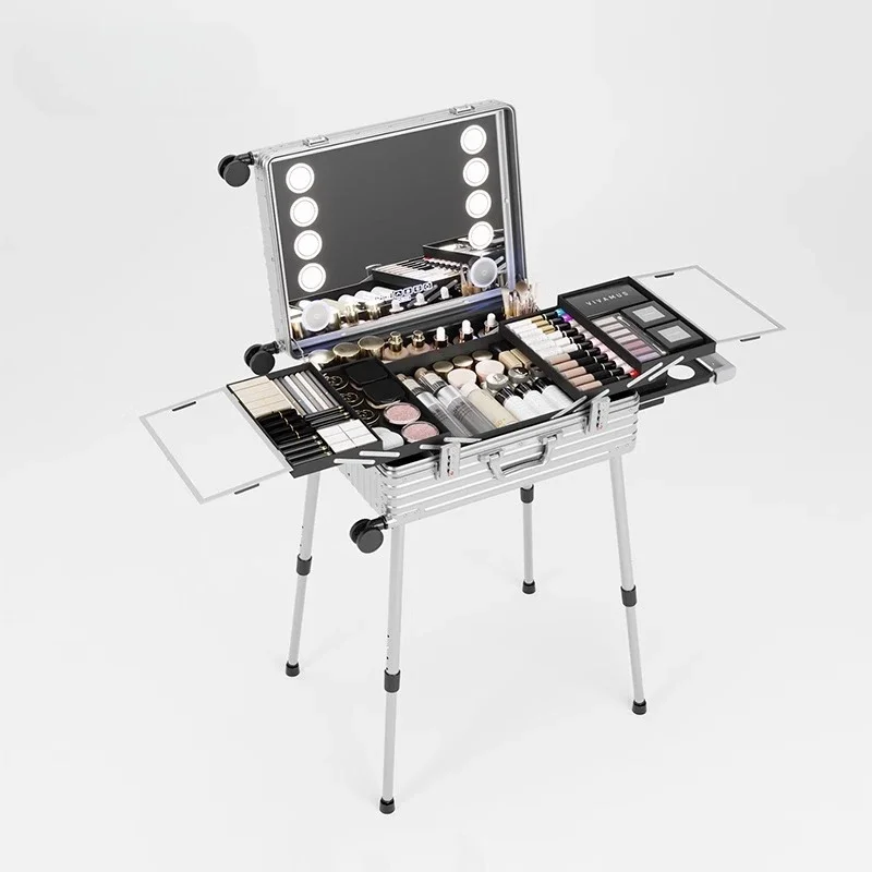 Cosmetic Case Large Capacity Portable Aluminum Magnesium Alloy Mirror with Light Makeup Case for Makeup Artists