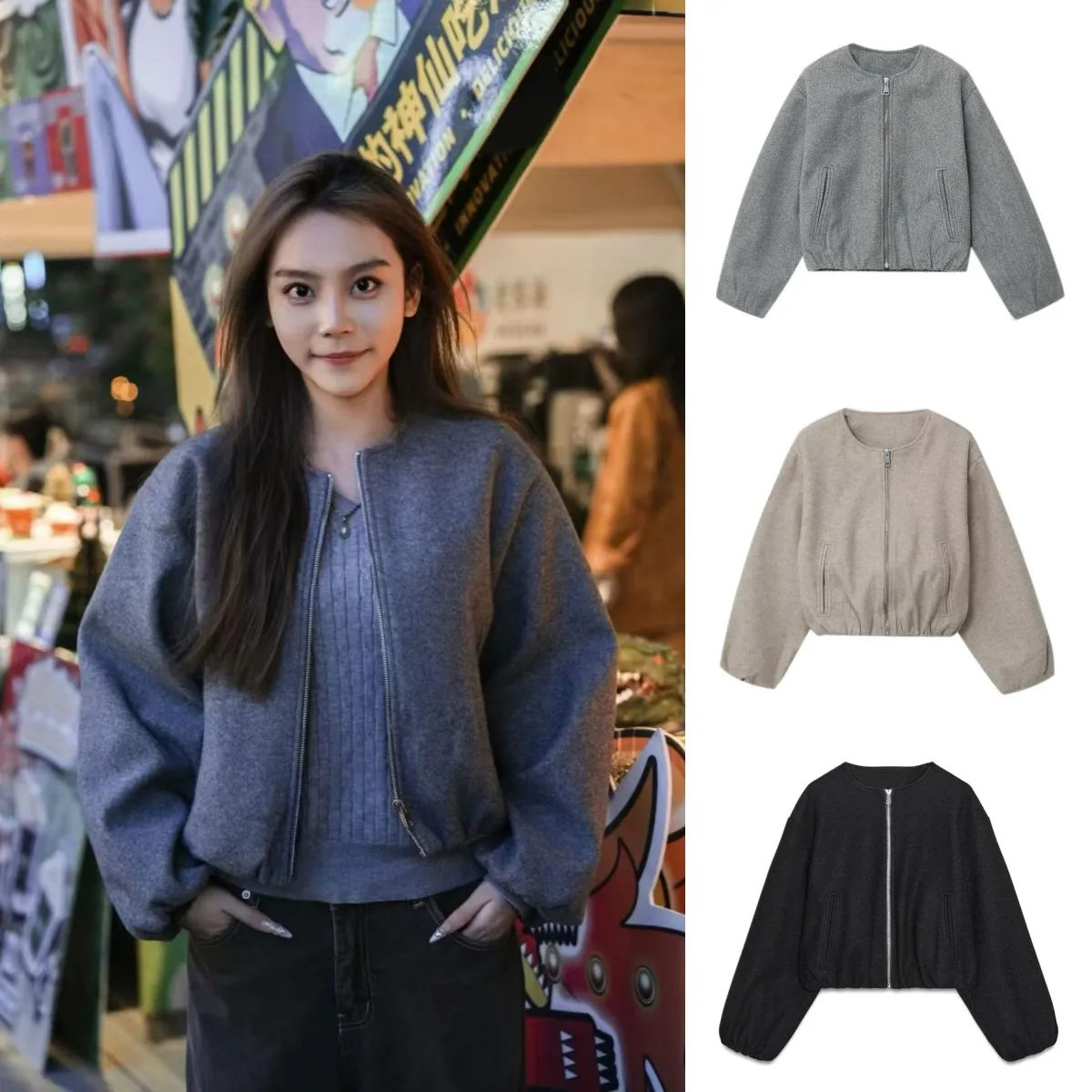 

LIBIELIY Autumn New Women's Elegant Retro Round Neck Short Jacket Simple Temperament Pilot Bomber Jacket