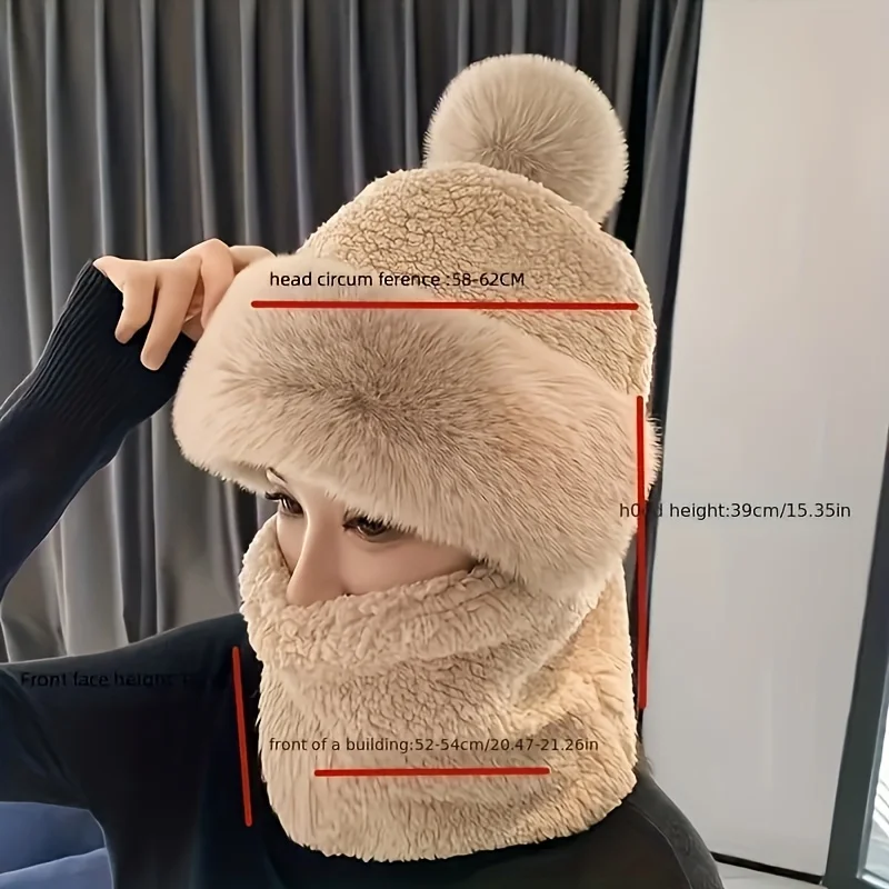 [قبعة صغيرة سميكة مقاومة للرياح] قبعة شتوية دافئة مع بوم بلون سادة قناع سميك للرقبة من القطيفة مقاوم للرياح بقلنسوة