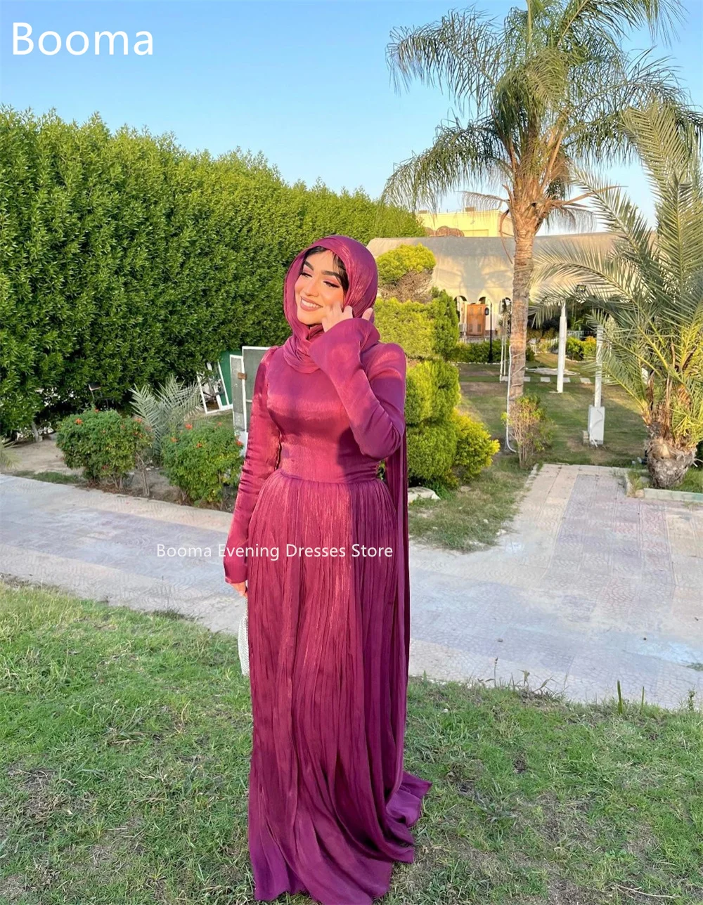 Booma brilhante a linha sem alças plissado vestidos formais de festa para mulheres o-pescoço manga cheia vestido de baile personalizar 2025
