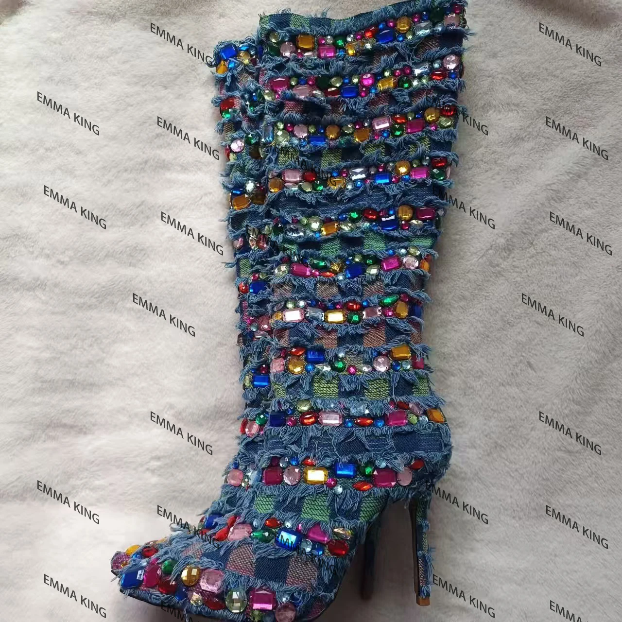 Super Bling Crystal Fold-over Denim Knee Boots Cover Thin Heel Pointy Toe Retro Cloth Boots Woman Rhinestone Jean Knight Boots