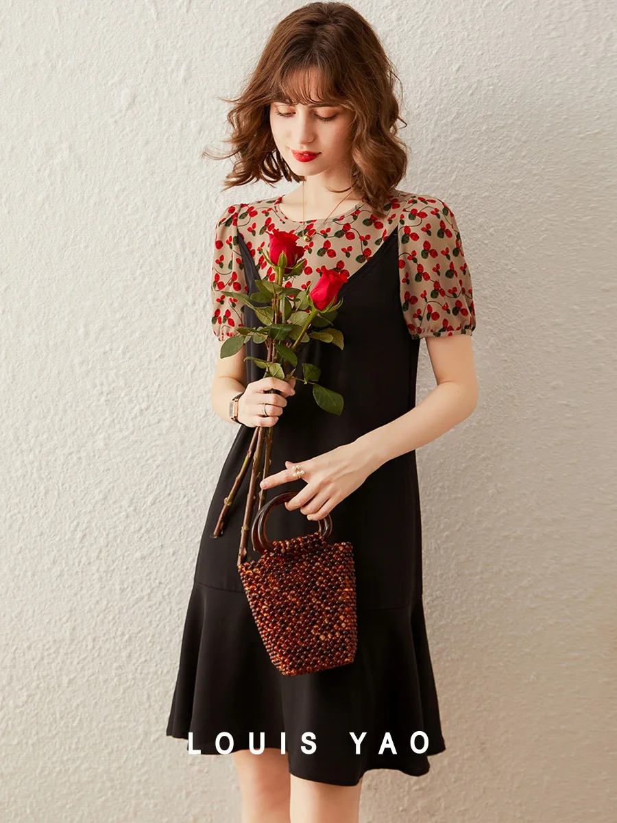 

LOUIS YAO 2025 Summer Fake Two-piece Dress Spliced Ruffle Edge Dress Fashionable Sweet Printed Round Neck Women's Dress