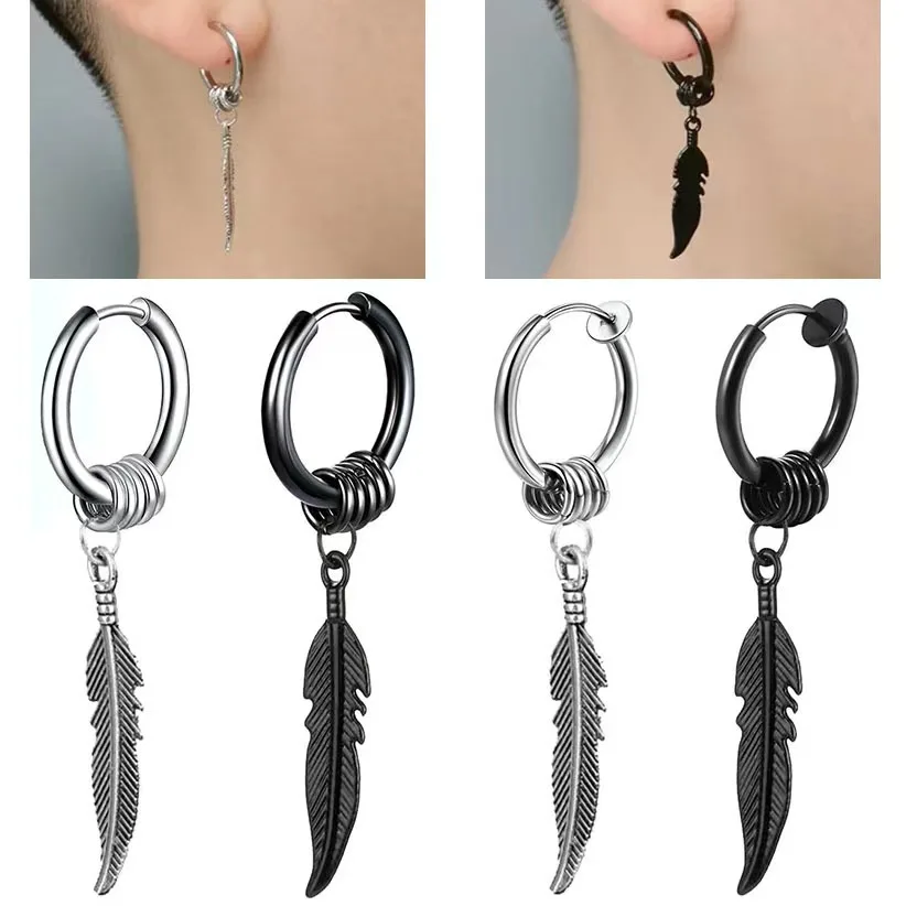

2pc Fashion feather Stud Earrings Punk Rock Style For Women men Stainless steel Hip hop Ear Jewelry