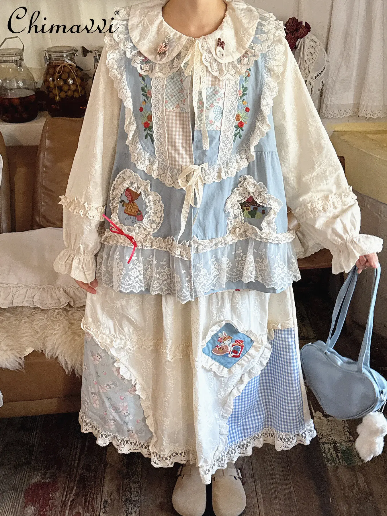 

2026 Spring Summer New Sweet Girl's Milk Blue Cotton Vest Top with Lace Trim Slim Long-sleeve Blouse and Loose-fit Midi Skirt