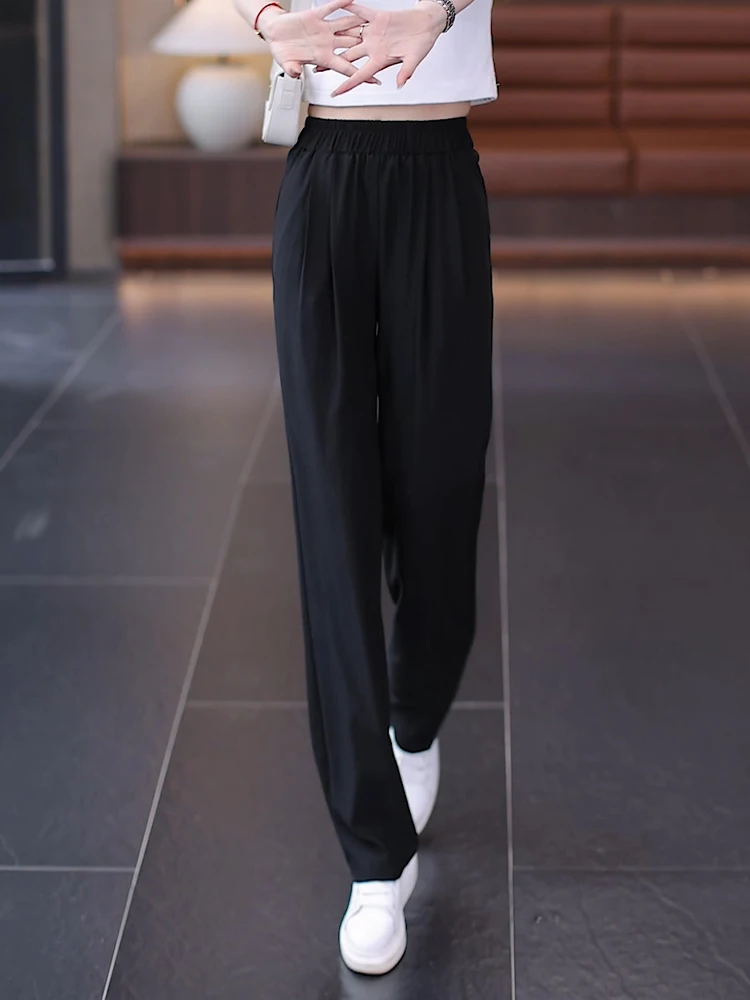 

High Waist Wide Leg Pants Women's Summer Thin Ice Silk Loose Casual Straight Cut Trousers Cool Feeling Pants Long Pants