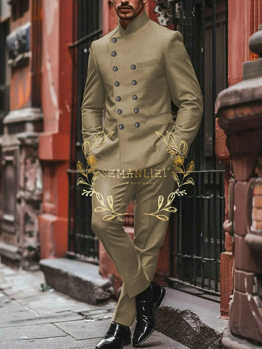 Light Grey Men's Suits For Prom Party Double Breasted Stand Collar Slim Fit Male Wedding Clothing Fashion 2 Piece Jacket Pants