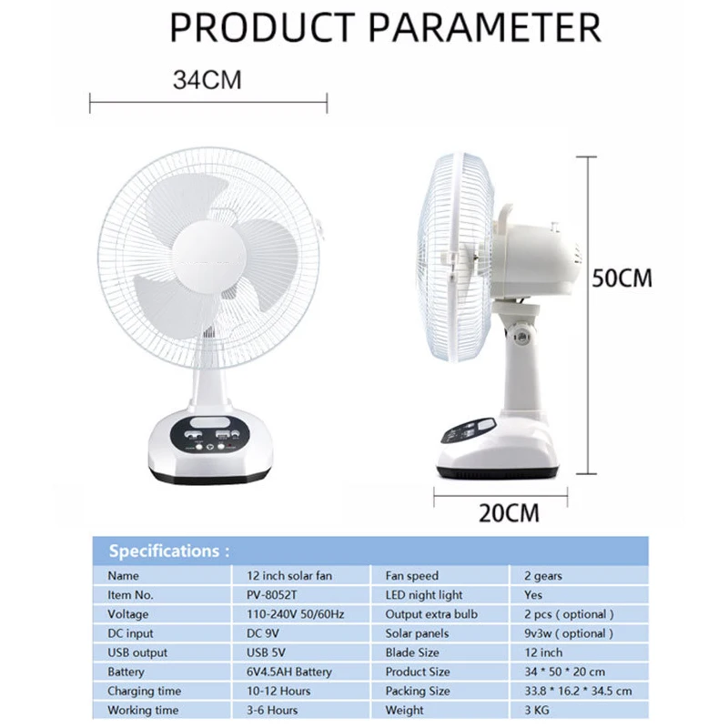 태양열 전기 선풍기 에너지 AC/DC 12 인치 충전식 테이블 선풍기, LED USB 포트, 가정 사무실 냉각 공기 선풍기, 야외