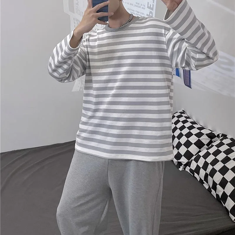 Cotton Men Pajamas Plus Size Autumn and Winter Striped Long-Sleeved Trousers 2 Piece Set Sleepwear Casual Breathable Home Wear