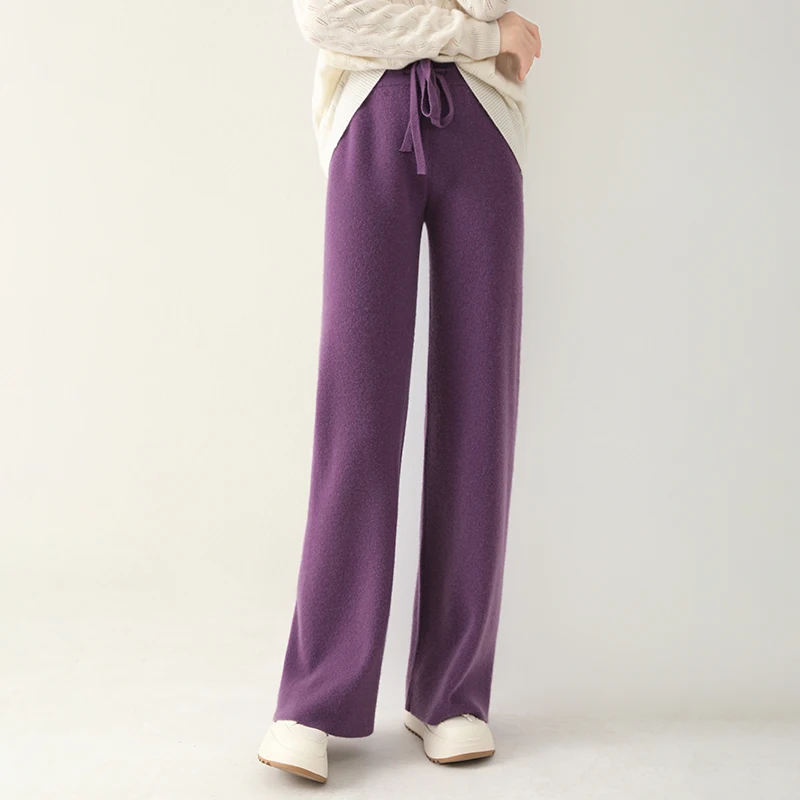 100% wool wide leg pants for women high waisted lace up cashmere straight leg floor pants outerwear autumn and winter pants