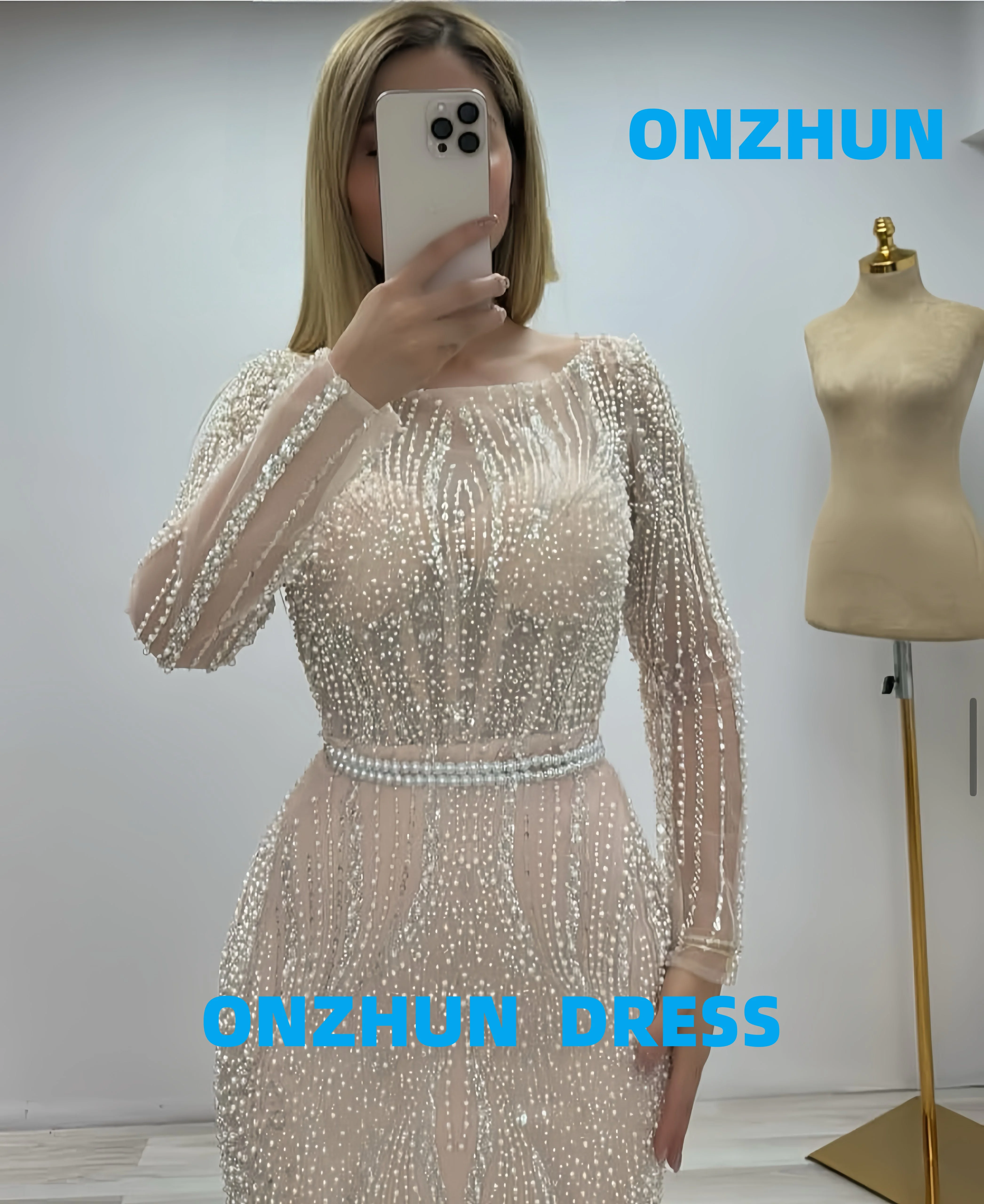 Vestidos de noche lujosos elegantes de sirena de manga larga con cuello redondo personalizados vestido de noche para mujer vestidos de noche modernos