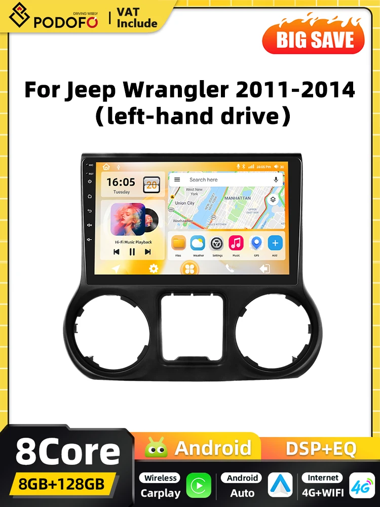 Podofo Qualcomm 8-core 2-DIN Android autoradio voor Jeep Wrangler 2011-2014 met DSP, Android Auto, BT, GPS, FM, WIFI, RDS en Carplay. - afbeelding 2