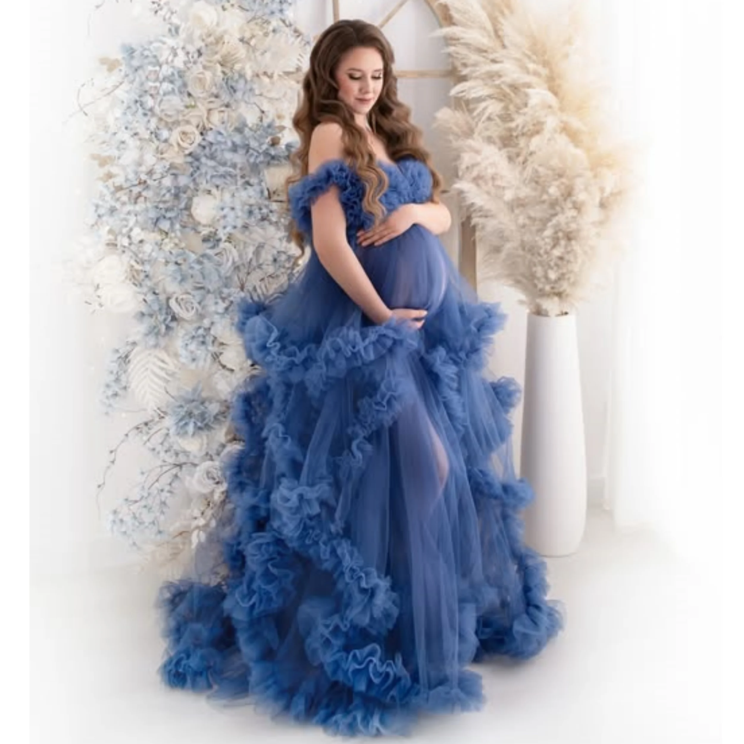 

Customized Blue Maternity Dresses Elegant Off Shoulder Vestidos For Photoshoot Pros Ruffles Front Slit Pregnant Woman Gowns