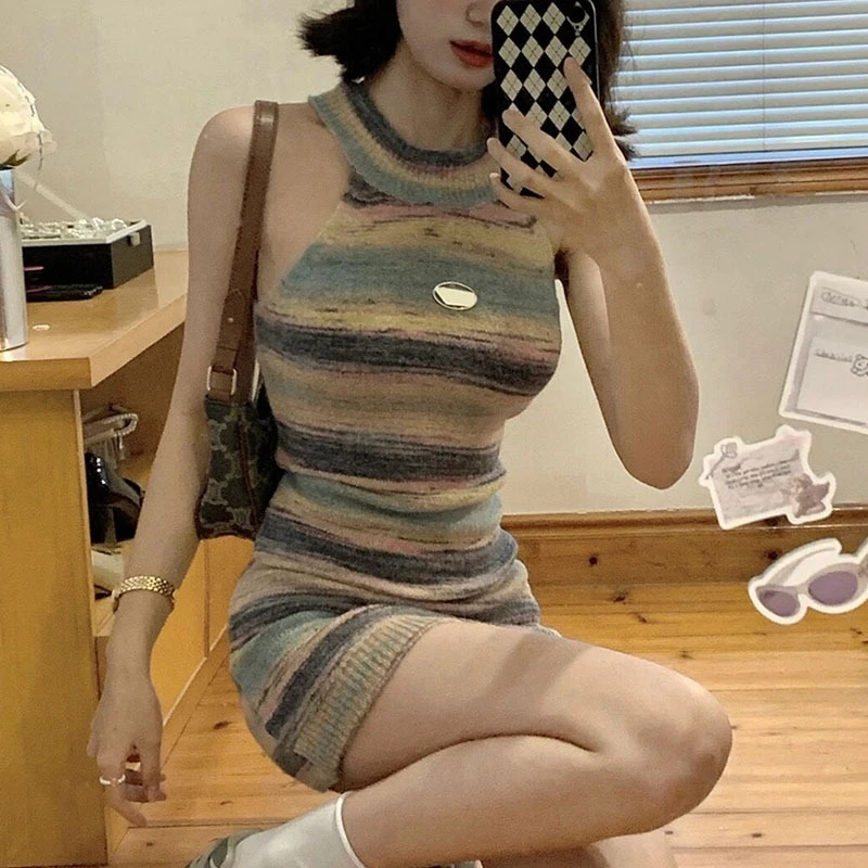 2025 Zomer Y2k Leuke Kleurblok Strepen Halter Hals Gebreide Wikkeljurk Sexy Mode Bodycon Strapless Afslanken O-hals Vrouwen Jurk