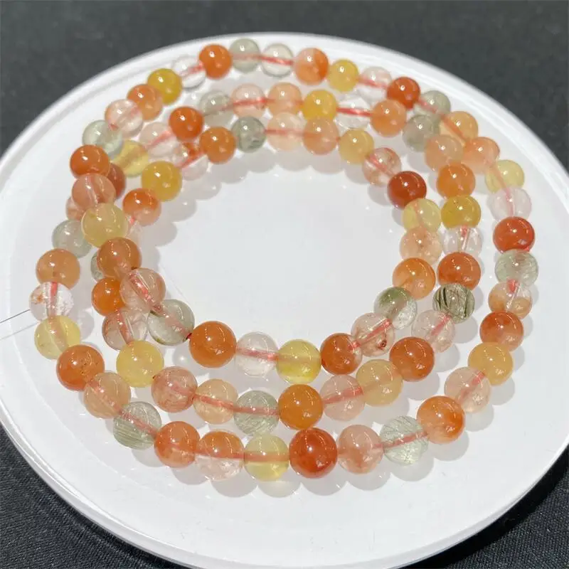 

5/6MM Natural Colored Rabbit Hair Quartz Triple Circle Bracelet Jewelry Woman Men Unisex Stretch Holiday Gift 1PCS