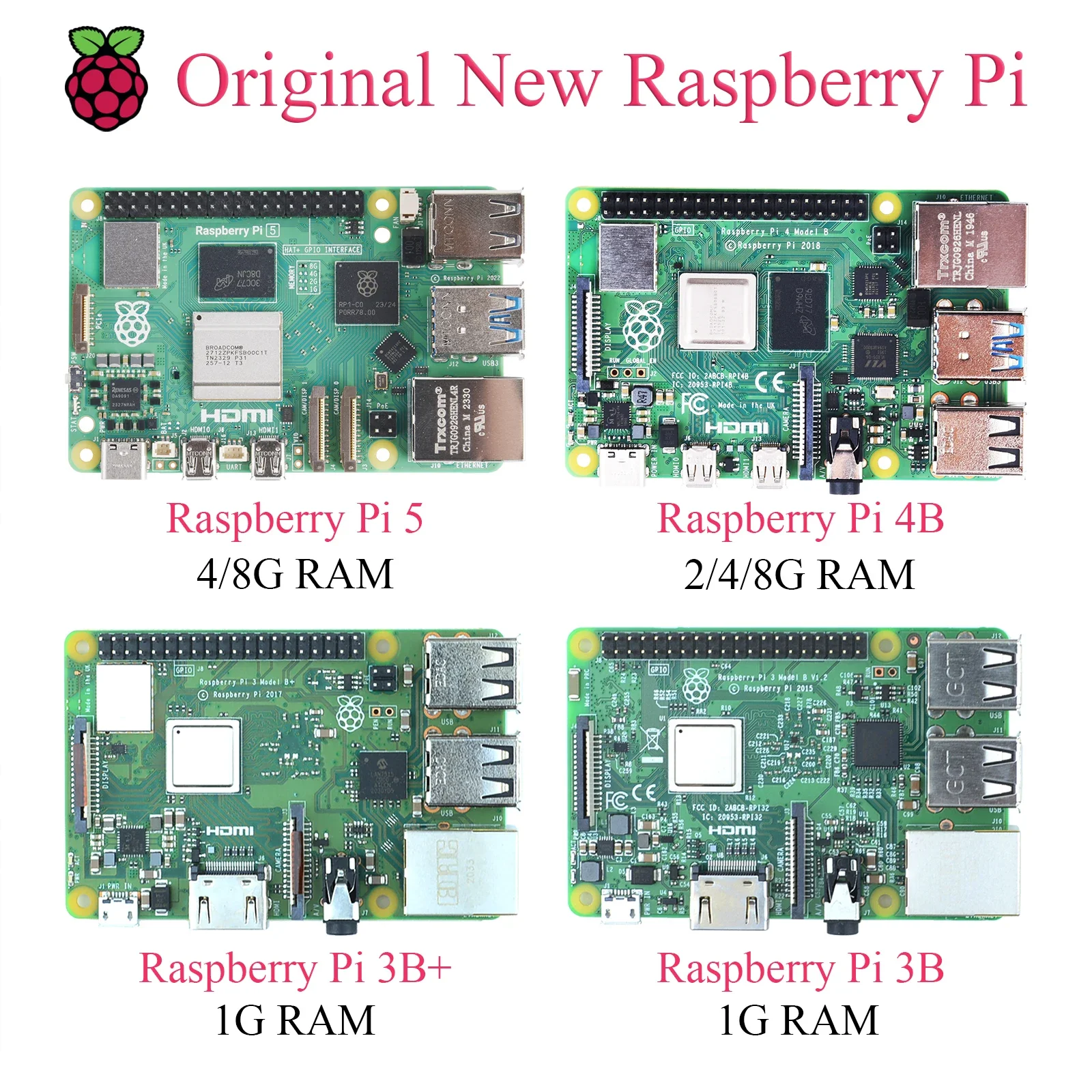 Raspberry Pi papan pengembangan, 1 buah asli Raspberry Pi 5 4B 3B + 3B RAM 1G 2G 4G 8G Broadcom 4 Core CPU untuk pendidikan DIY rumah dan Industri