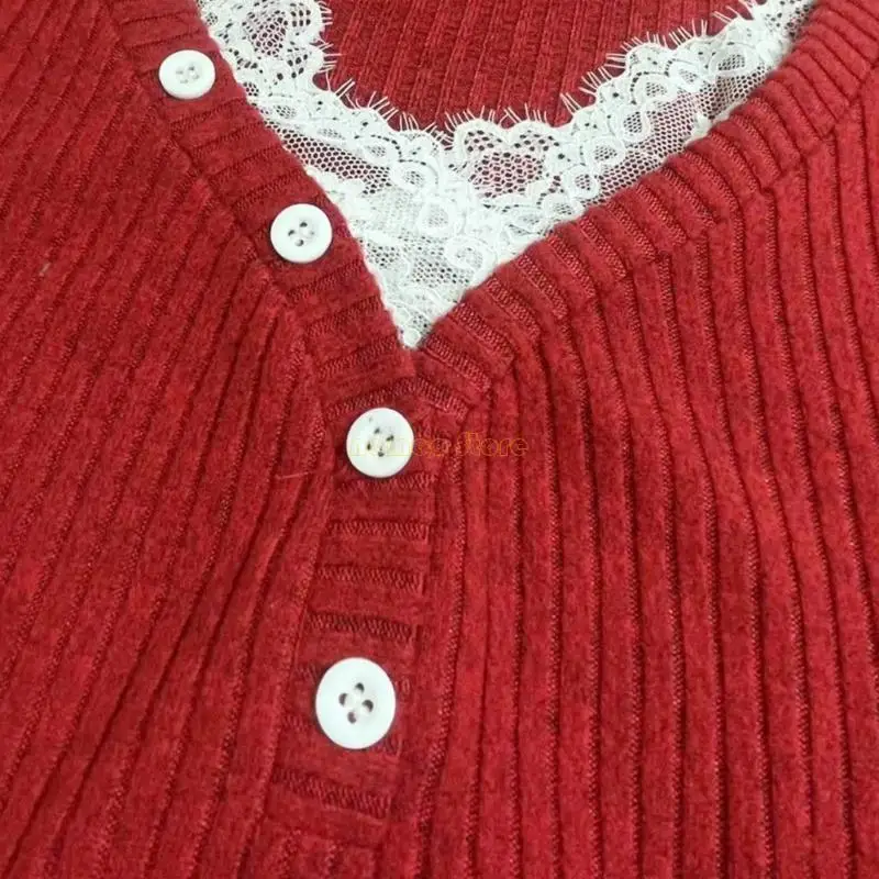 31BF Damestop met mouwen, casual kleur, fit T-shirt, kanten V-hals, geribbelde gebreide shirts