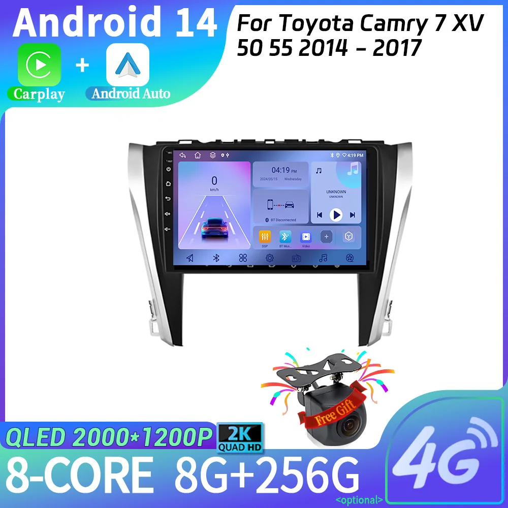 For Toyota Camry 7 XV 50 55 2014 - 2017 Android 14 Car Radio Multimedia Navigation Wireless Carplay Stereo Head Unit Screen WIFI