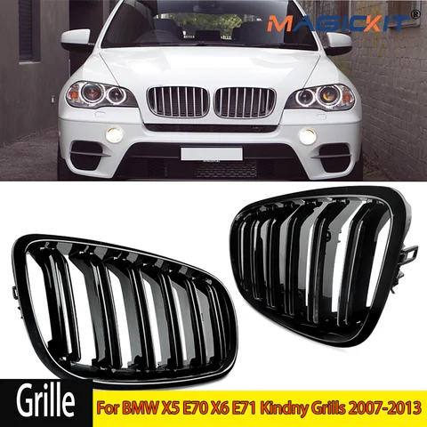 MagicKit Gloss Black Double Slat Front Hood Grille Fit for BMW X5 E70 X6 E71 Kindny Grills 2007-2013 Auto Part Car Accessories
