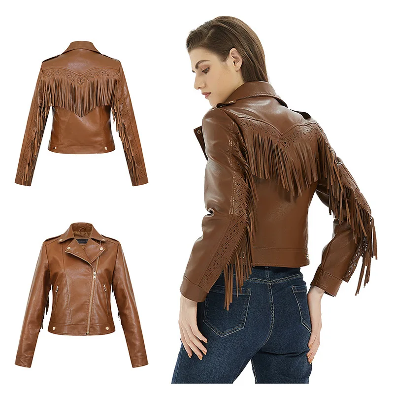 

Осенне-зимнее женское коричневое пальто в стиле ретро с кисточками из искусственной кожи, облегающее стильное байкерское короткое кожаное пальто с лацканами на молнии