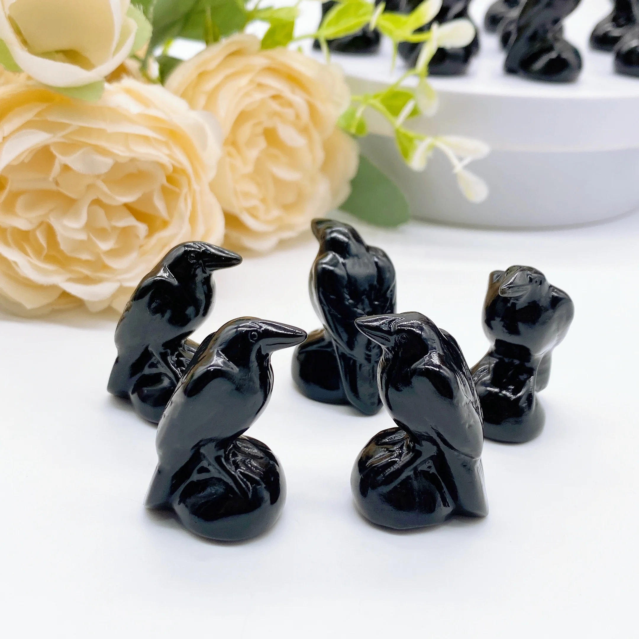 1.3\'\'Raven Statue Natural Obsidian Stone Crow Sculpture Healing Crystal Bird Figurine Animal Lucky Gift Home Decoration