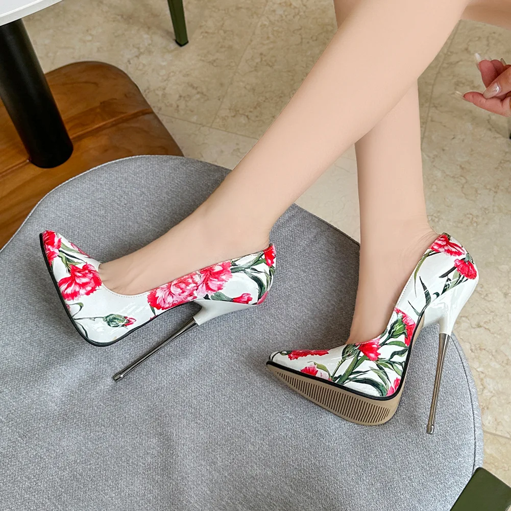 

Женские туфли-лодочки на очень высоком металлическом тонком каблуке 16 см с цветами, фетиш-обувь на высоком каблуке, модель женской обуви, новинка 2023 года, большой размер 46