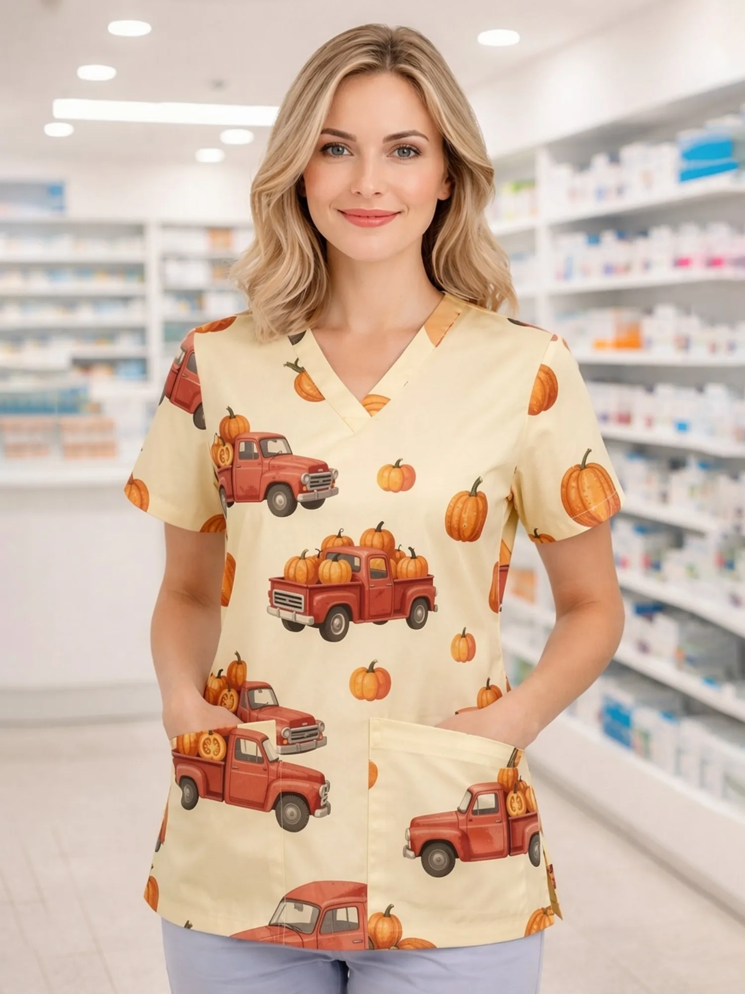 Womens Flexible Nursing Scrub Top Short Sleeve V Neck Roomy Pockets Soft Print Shift Fit Work Uniform For Hospital Work Workwear