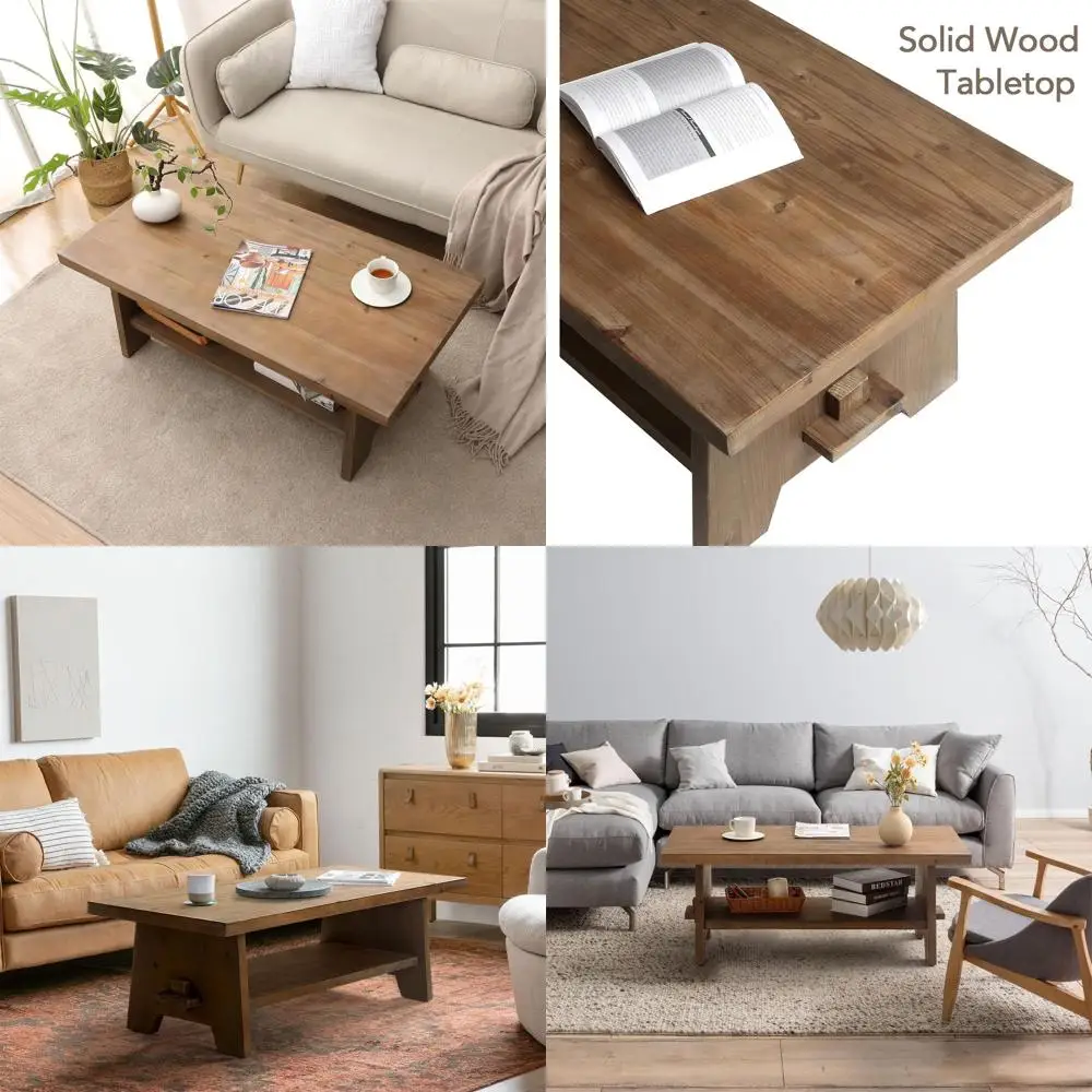 

Solid Wooden Coffee Table - 43.4 Century Style Living Room Furniture, Brown