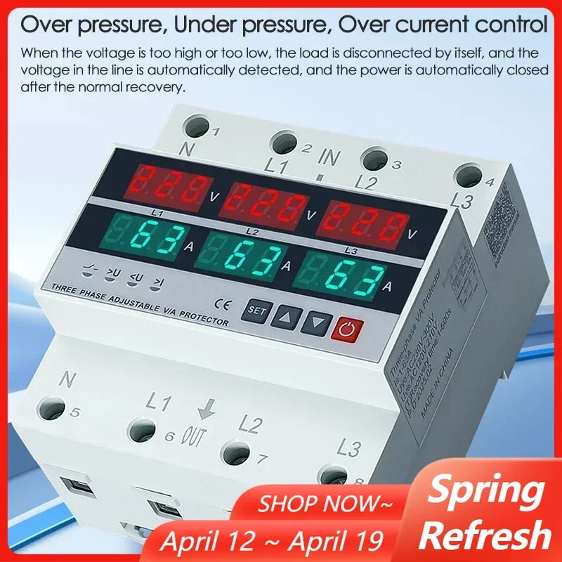 

63A/100A 3 Phase 4 Wire Din Rail Over Under Voltage Protector Current Protection Digital Voltmeter Ammeter Power Erengy Meter