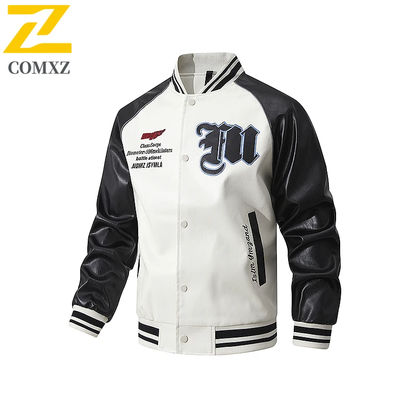 

COMXZ Mens M-8XL Cross Border Embroidery Stand Collar PU Leather Jacket Autumn Spring Korean Slim Fit Trendy Biker Coat Winter