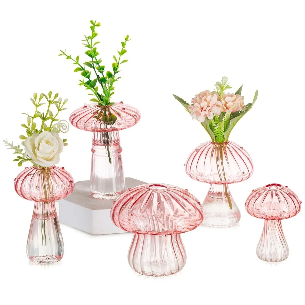 5Pcs Glass Mushroom Flower Vase Cute Colored Glass Vase Unique Bud Small Vase Flowers, Aesthetic Decorative Vases for Home Decor