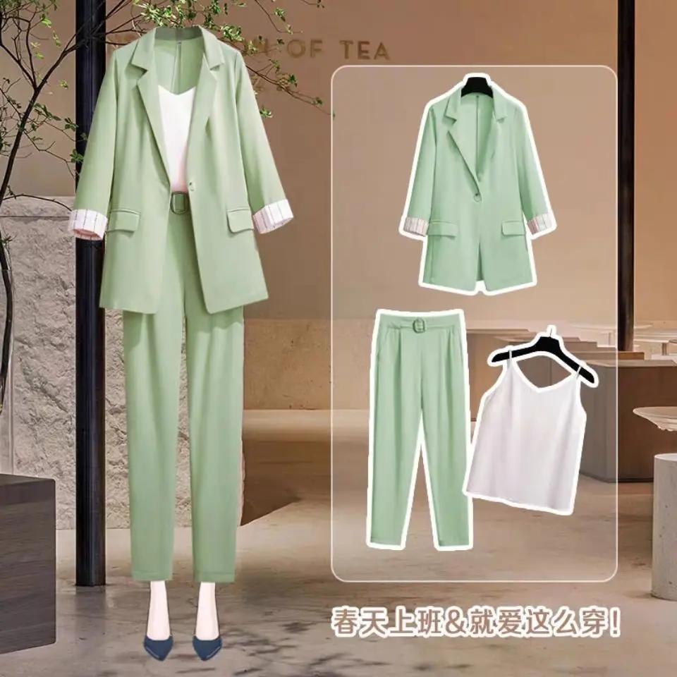 Korean Style Summer Thin Jacket Blazer Casual Wide Leg Pants Two-piece Elegant Women\'s Pants Set Office Business Suit Outfits