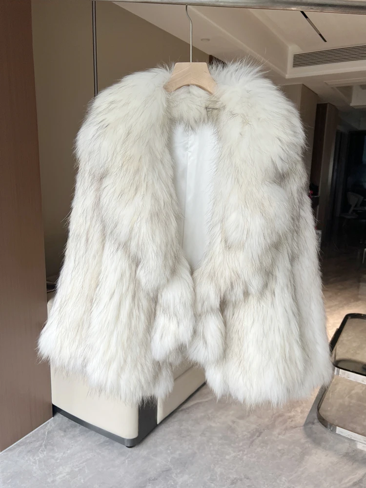 ใหม่ Raccoon Fur ทอเสื้อขนสัตว์ผู้หญิง Ruffle Collar Design