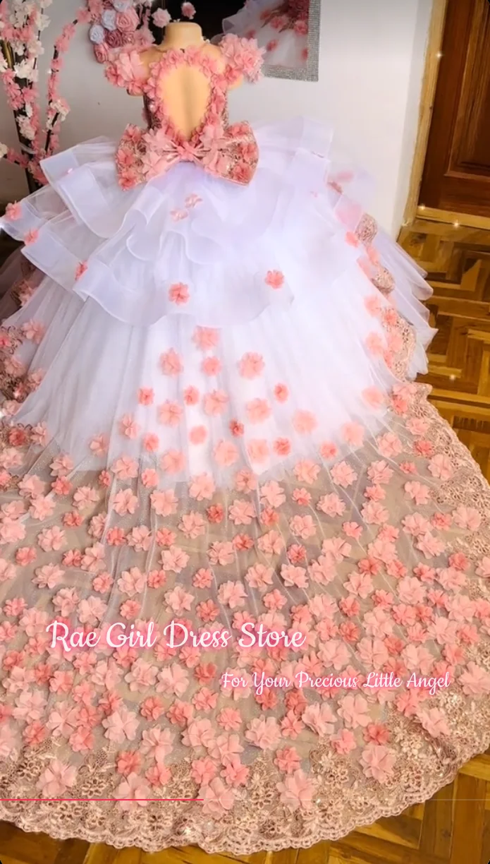 Romantic Pink White Flower Girl Dress 3D Floral Beaded Bodice Hollow Back Big Bow Kids Pageant Gown Customized