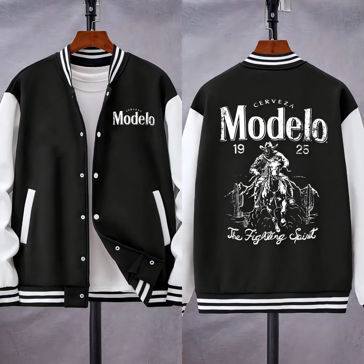 

Modelo The Fighting Spirt Western Cowboy Desert Print Men Jacket Loose American Baseball Uniform Autumn Fleece Streetwear