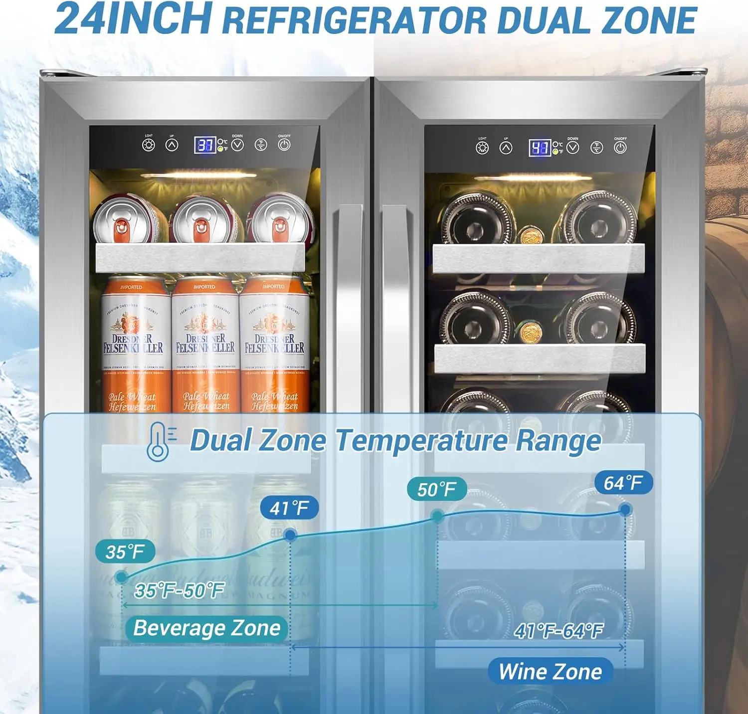 24 인치 듀얼 존 음료 냉장고, 와인 및 음료 쿨러, 내장 맥주 와인 음료용 대용량